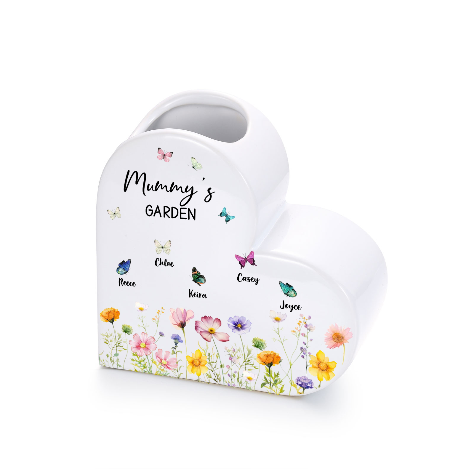 Personalised Ceramic Heart Vase with 1–10 Names and Butterflies for Mum or Grandma