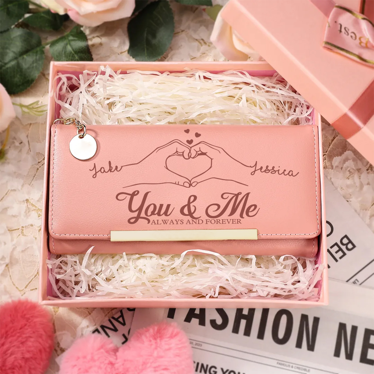 Personalised Pink “You & Me” Heart Hands Wallet For Her