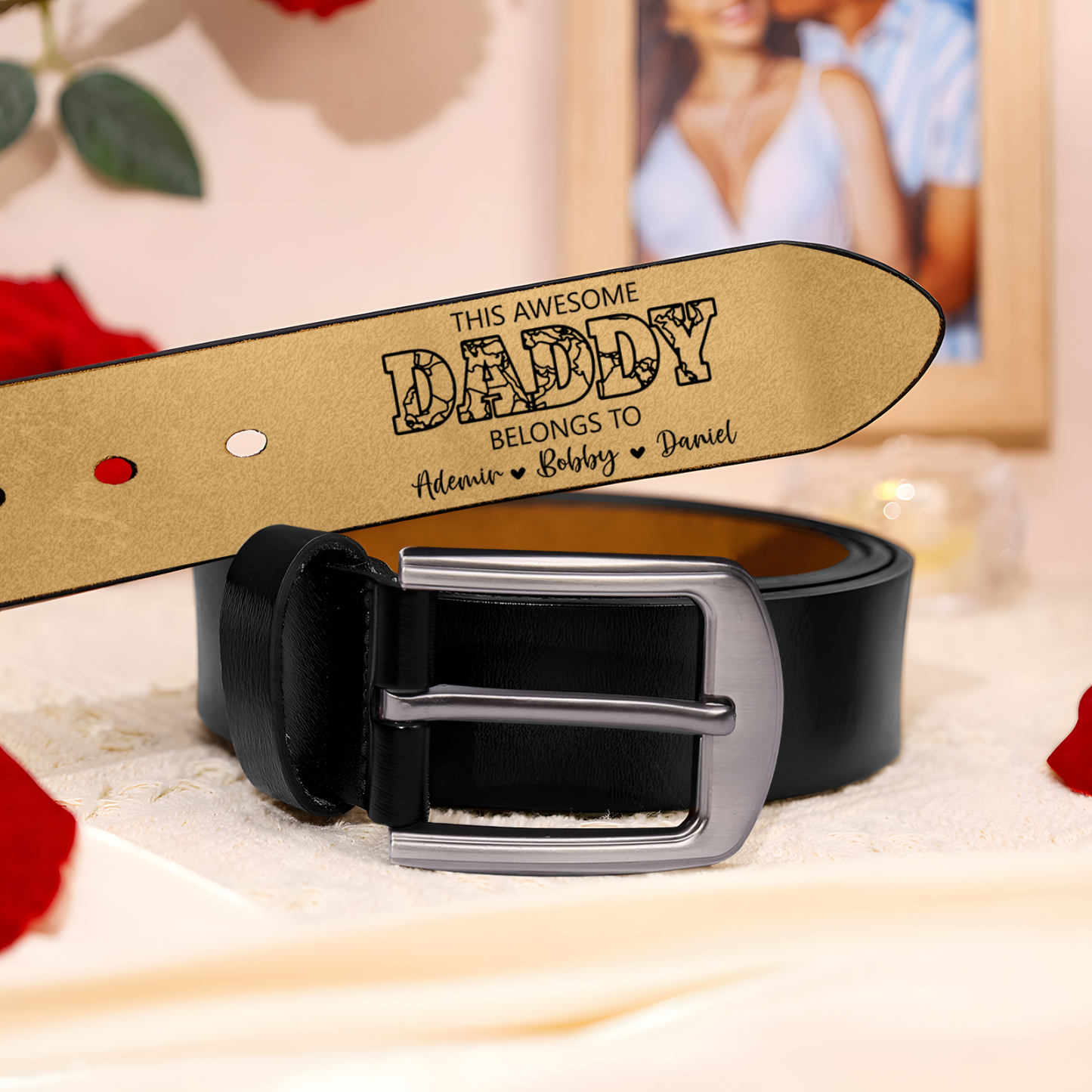 Personalised Leather Belt with 2-7 Names and 1 Letter "This awesome daddy belongs to "| Father’s Day Gift | Jessemade