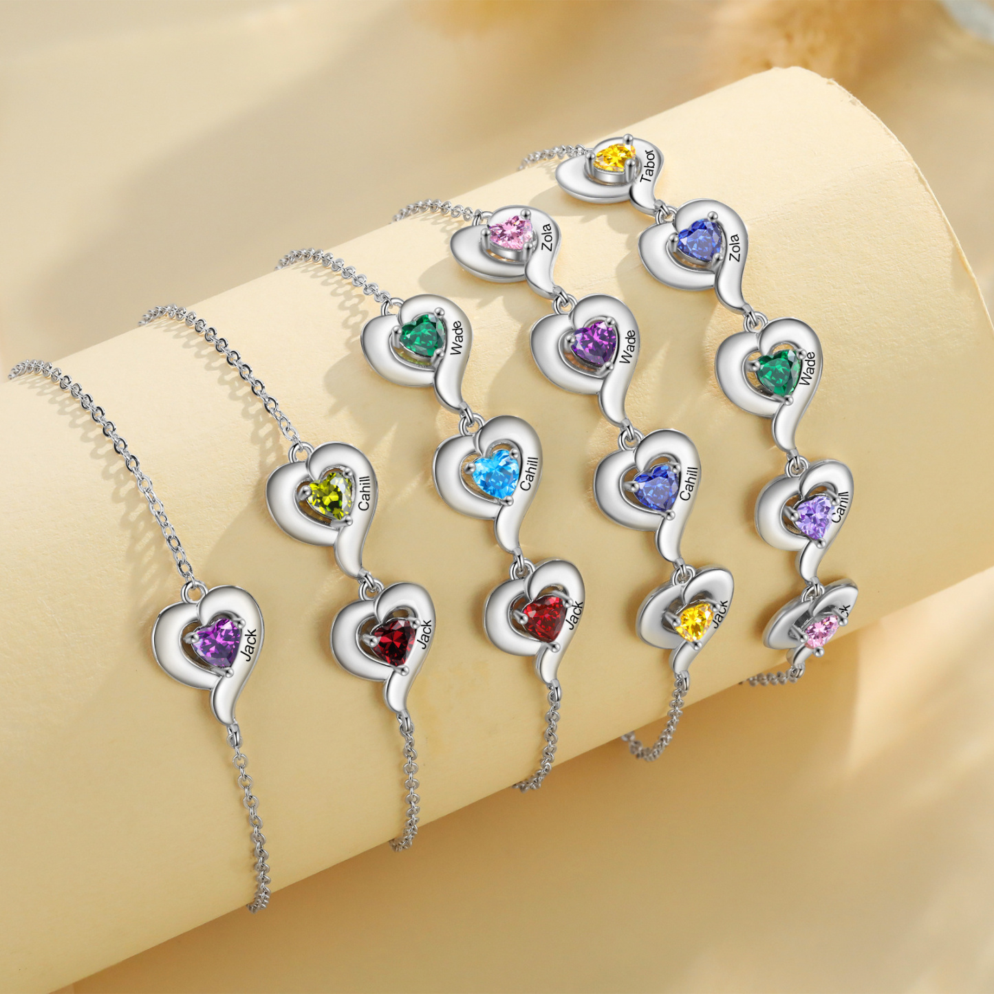 Personalised 1-5 Names Adjustable Heart Birthstone Bracelet
