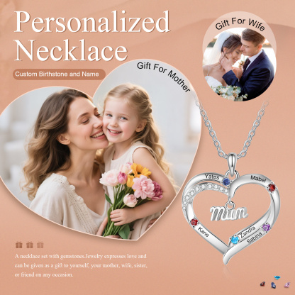 Personalised 2-5 Names Mum Nan Heart Necklace with Birthstones