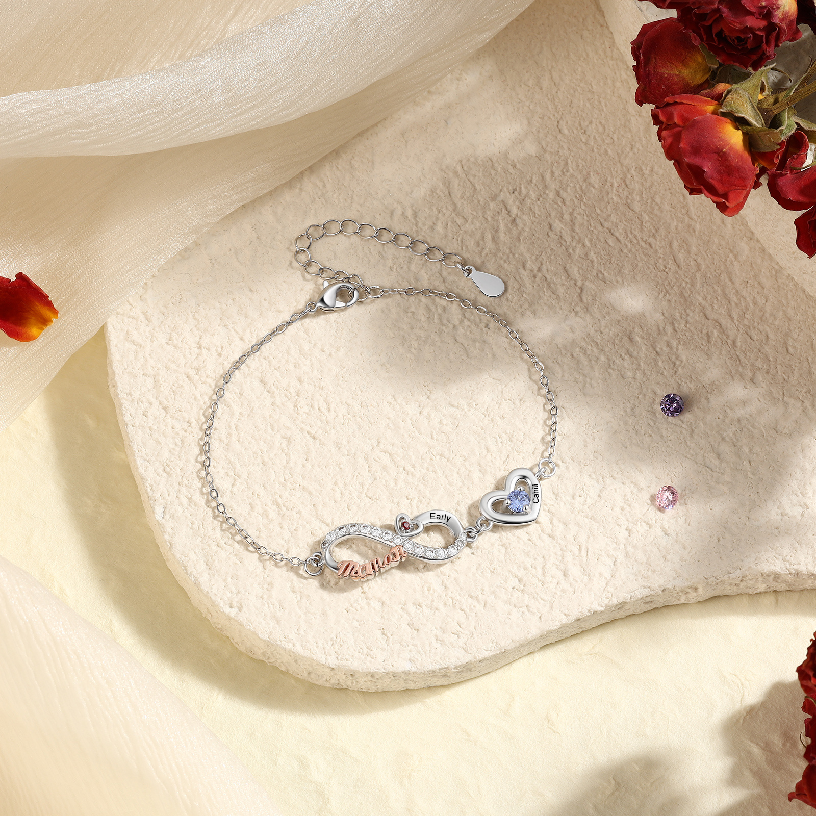 Personalised 2-6 Names Infinity Mum Heart Birthstone Bracelet