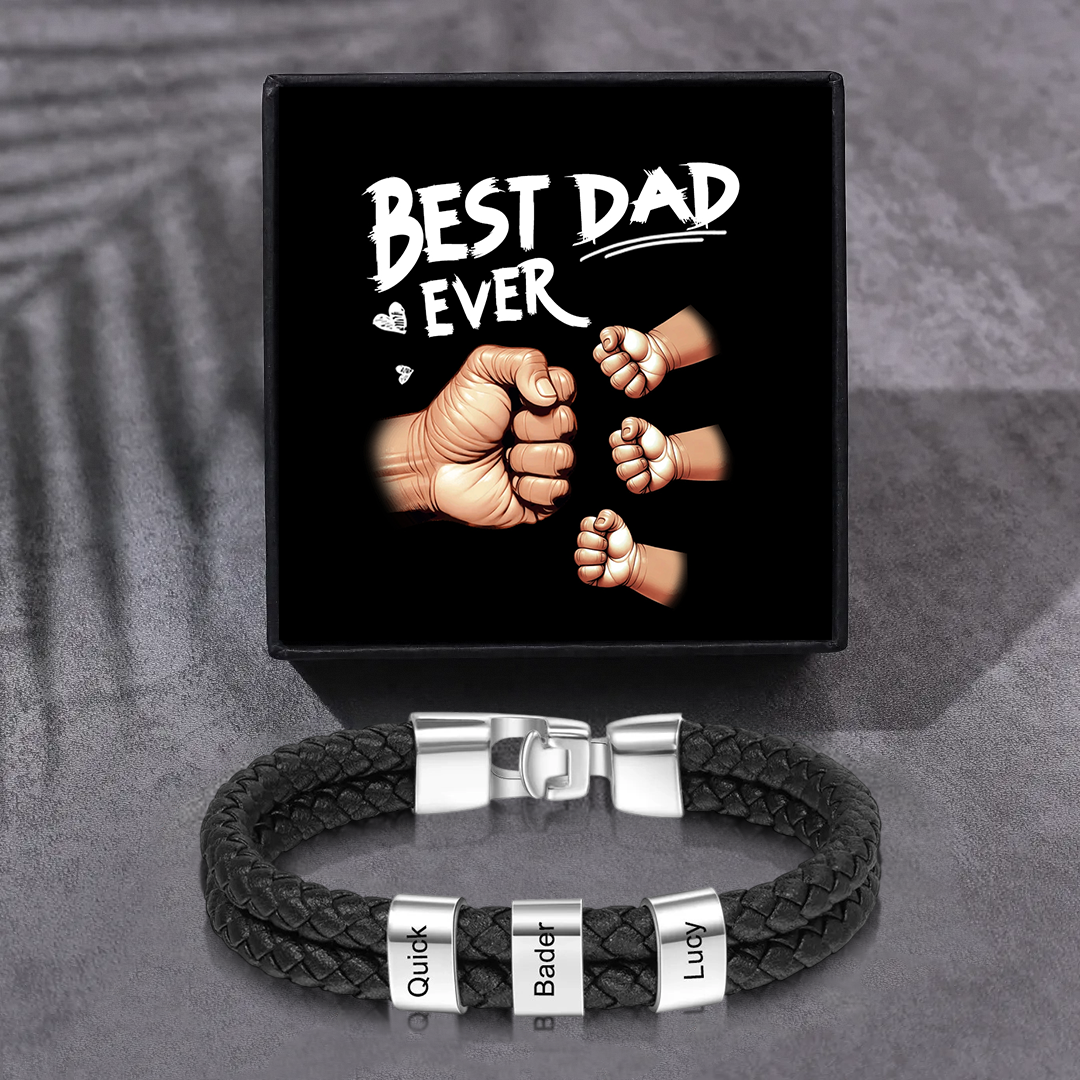 Personalised Braided Leather Mens Bracelet With Custom Engraved 1-6 Kids Names - Father's Day Gift for Dad | Jessemade