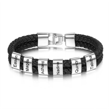 Personalised Braided Leather Mens Bracelet With Custom Engraved 1-6 Kids Names - Father's Day Gift for Dad | Jessemade
