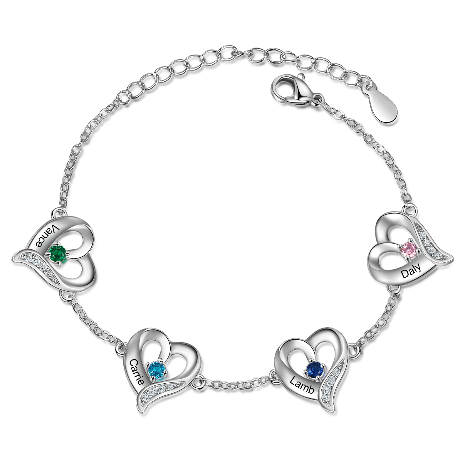 Personalised Heart Bracelet With 4 Birthstones Engraved Names Necklace For Her