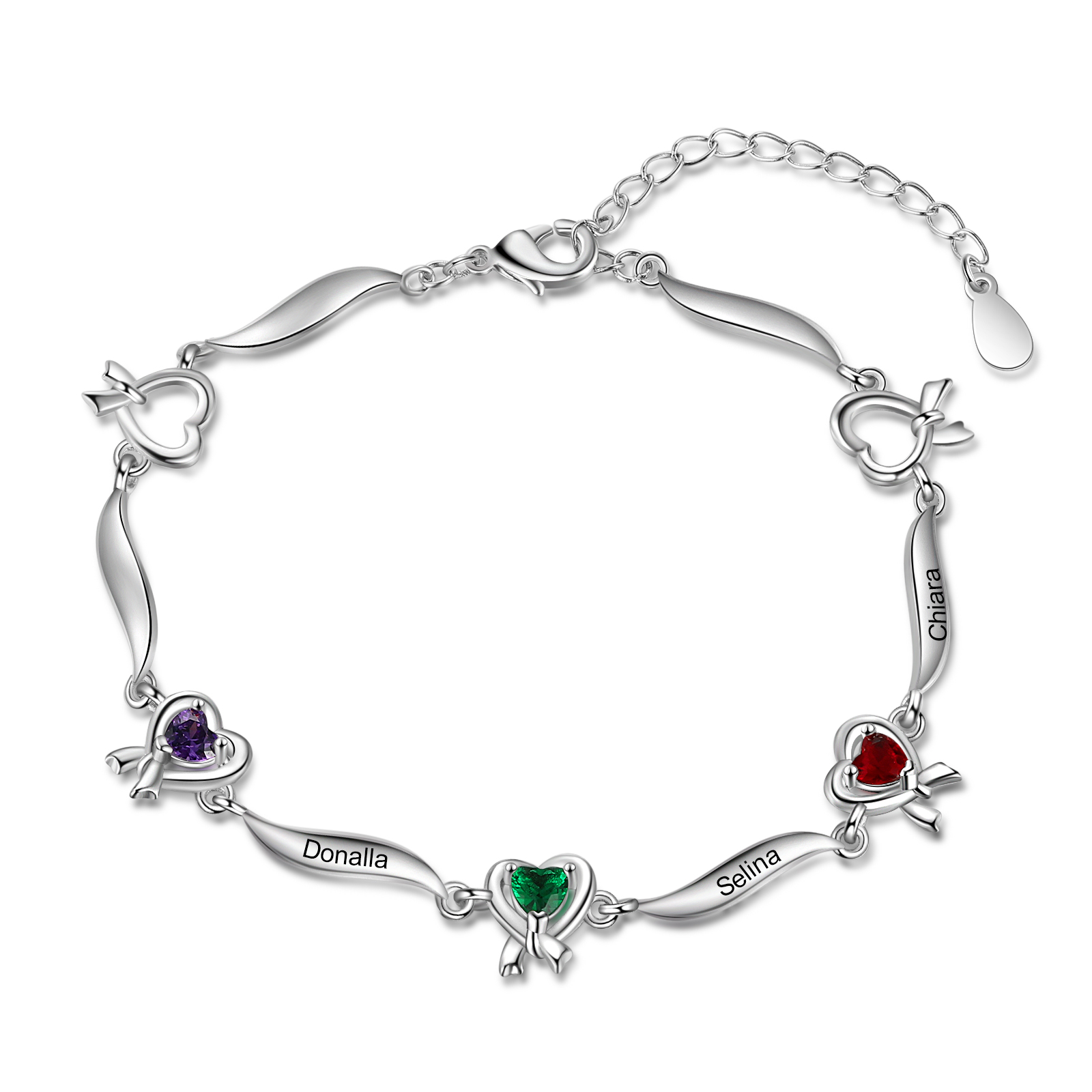 Personalised Heart Bracelet with 3 Birthstones Engraved Names Bracelet Gifts For Her