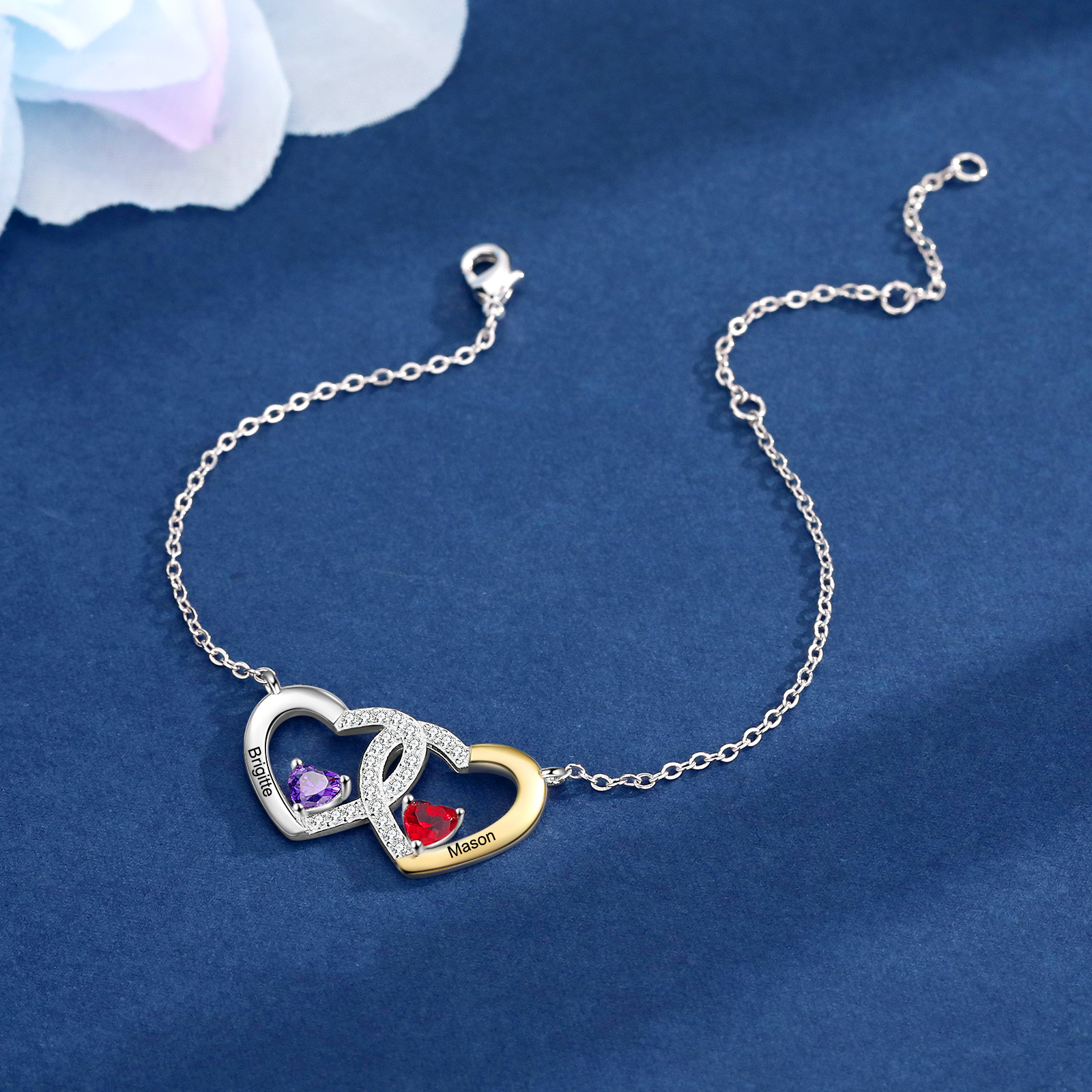 Personalised Two-Heart Birthstone Bracelet with 2 Names Bracelet Gift for Her | Jessemade