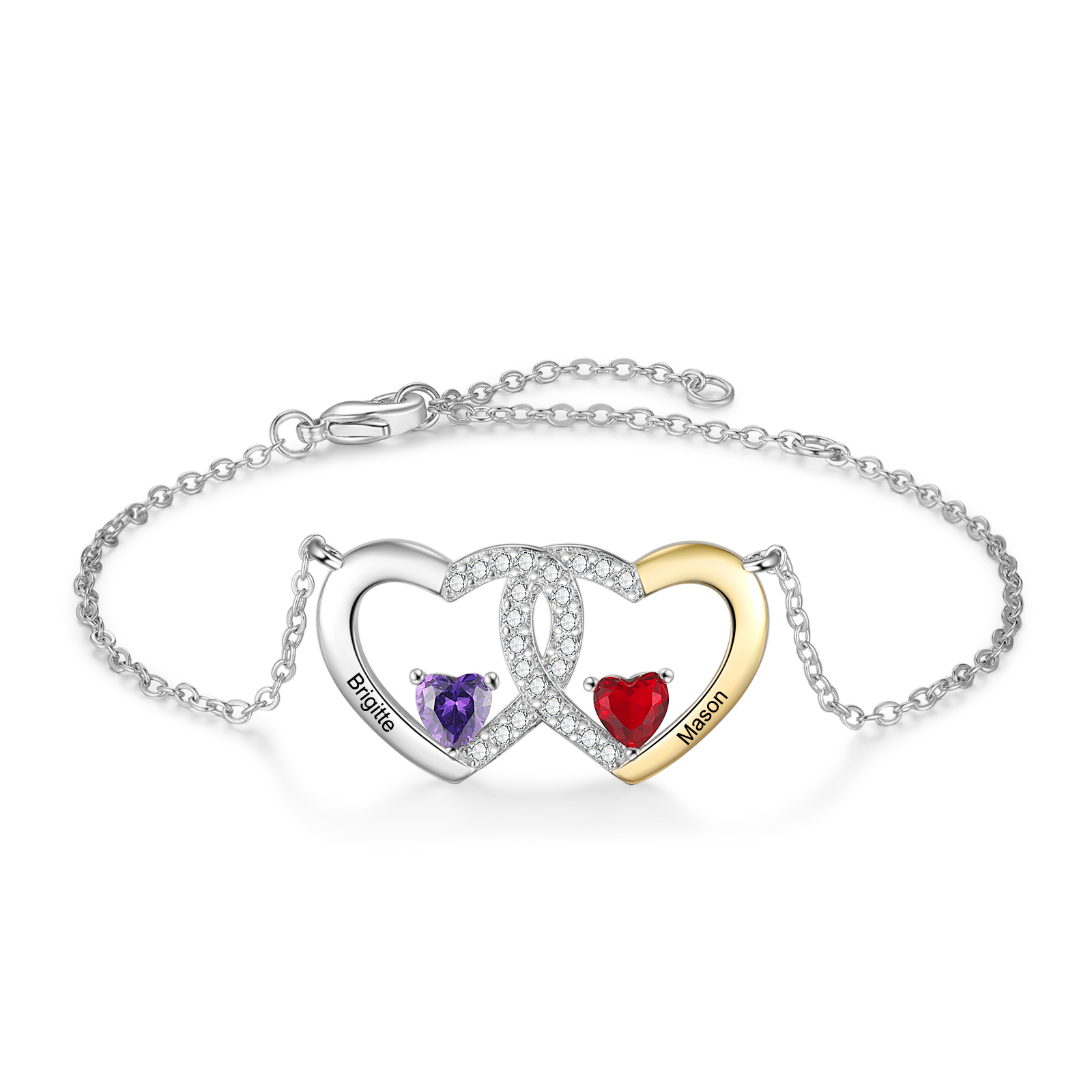 Personalised Two-Heart Birthstone Bracelet with 2 Names Bracelet Gift for Her | Jessemade