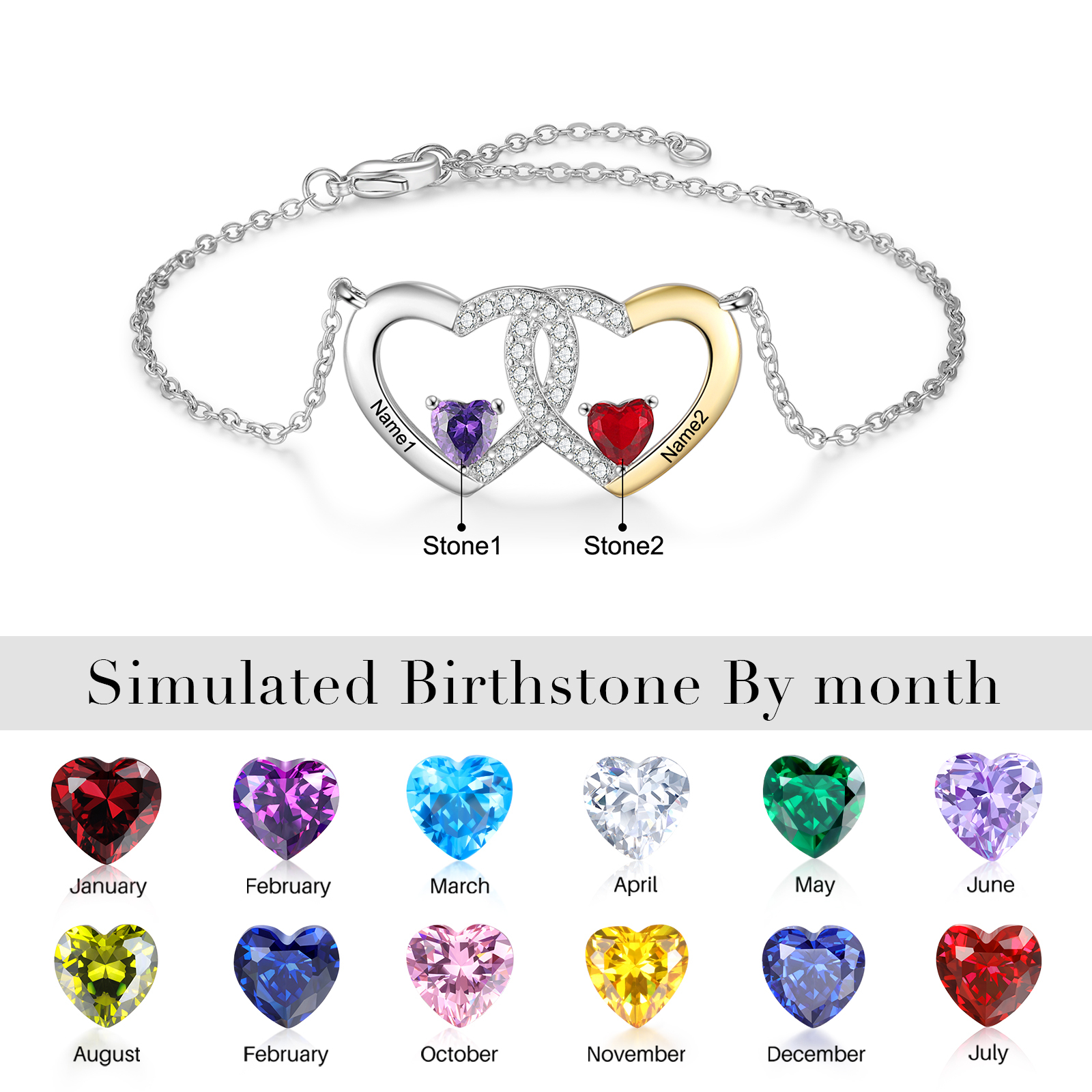 Personalised Two-Heart Birthstone Bracelet with 2 Names Bracelet Gift for Her | Jessemade