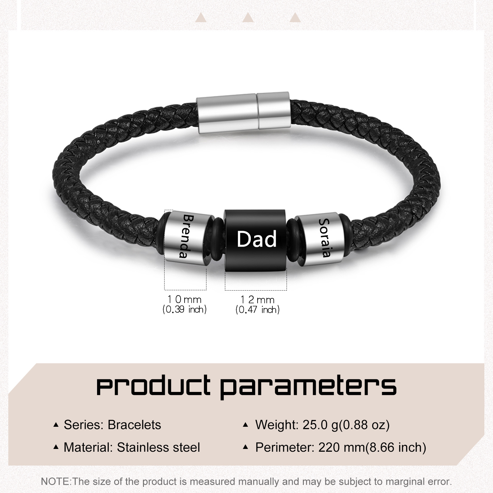 3 Names Personalised Men Leather Bracelet with Custom Name Beads - Gift for Dad | Jessemade