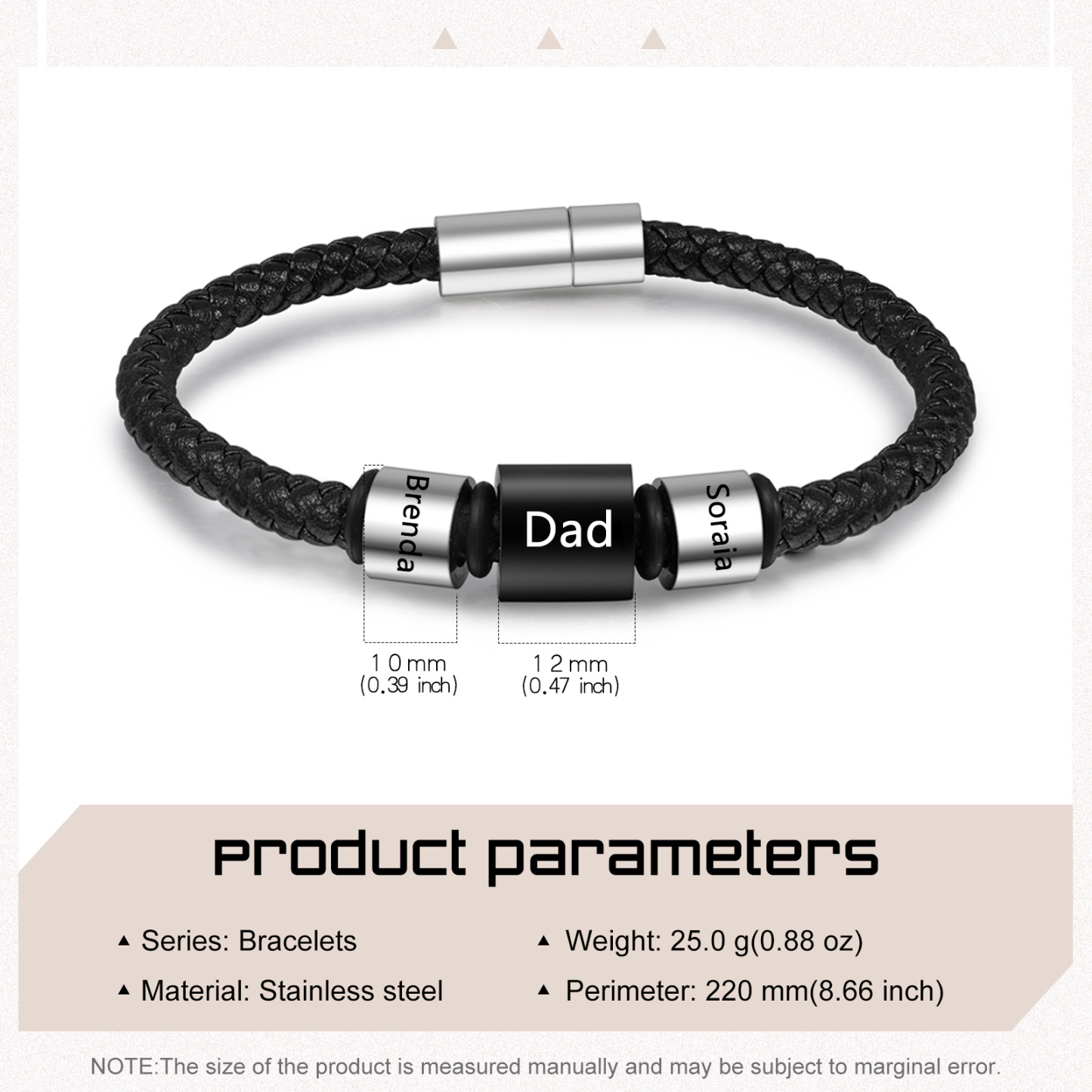 3 Names Personalised Men Leather Bracelet with Custom Name Beads - Gift for Dad | Jessemade