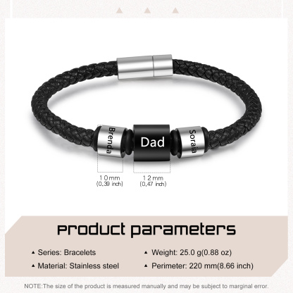 3 Names Personalised Men Leather Bracelet with Custom Name Beads - Gift for Dad | Jessemade