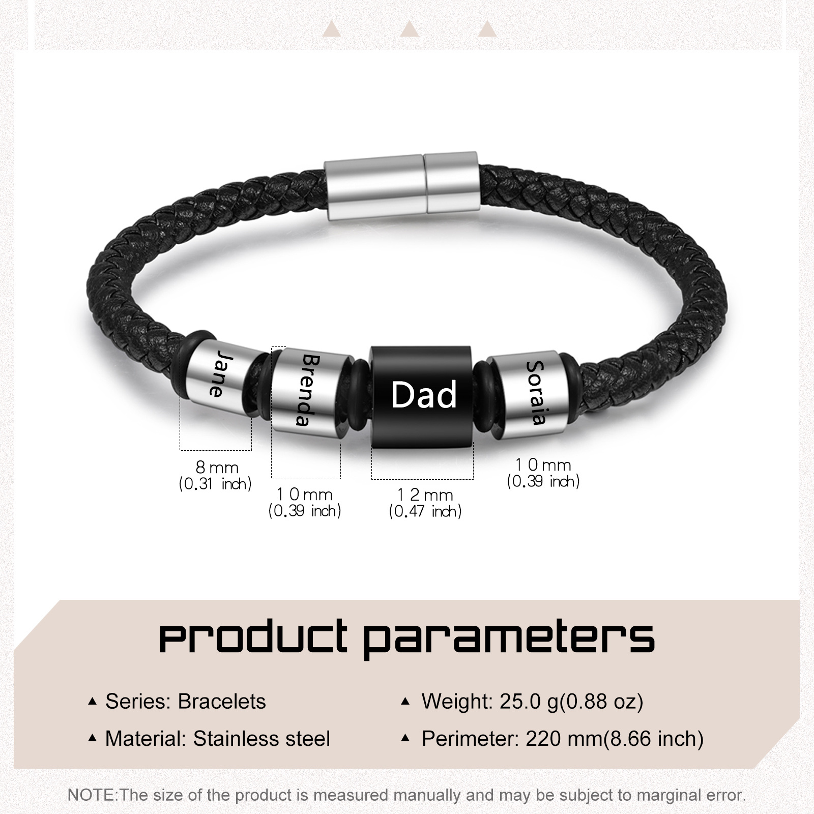 4 Names Personalised Men Leather Bracelet with Custom Name Beads - Gift for Dad | Jessemade