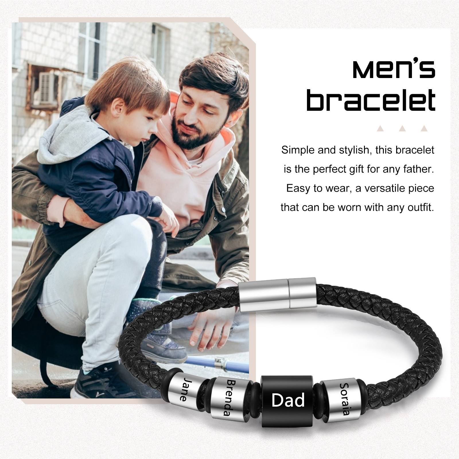 4 Names Personalised Men Leather Bracelet with Custom Name Beads - Gift for Dad | Jessemade