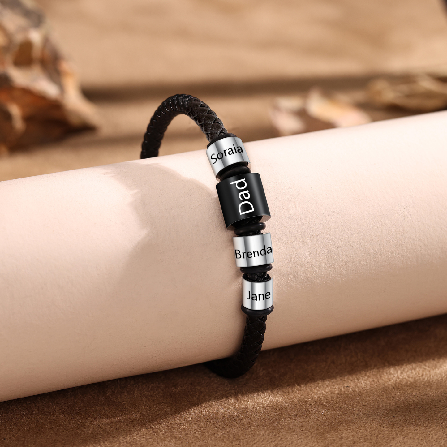 4 Names Personalised Men Leather Bracelet with Custom Name Beads - Gift for Dad | Jessemade