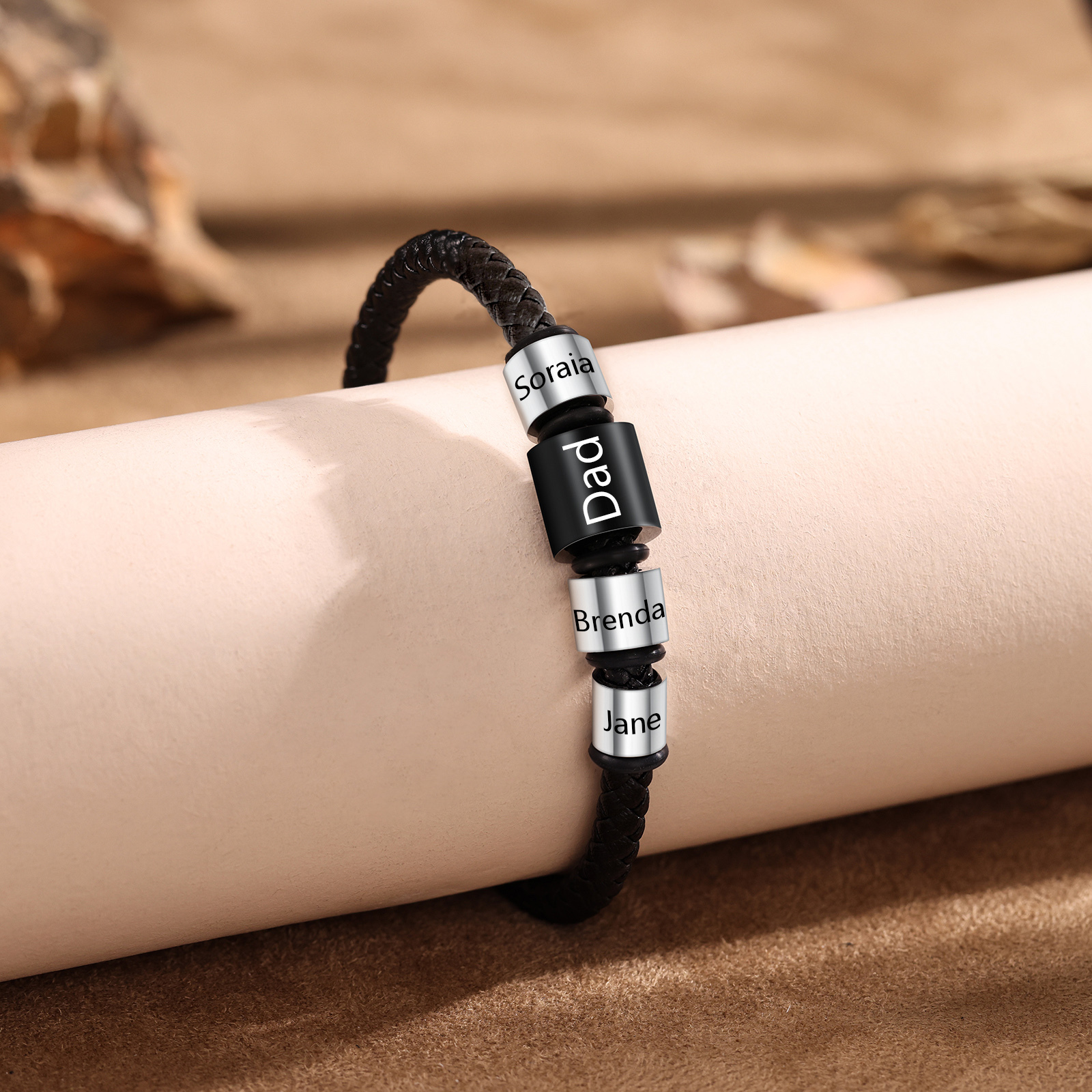 4 Names Personalised Men Leather Bracelet with Custom Name Beads - Gift for Dad | Jessemade