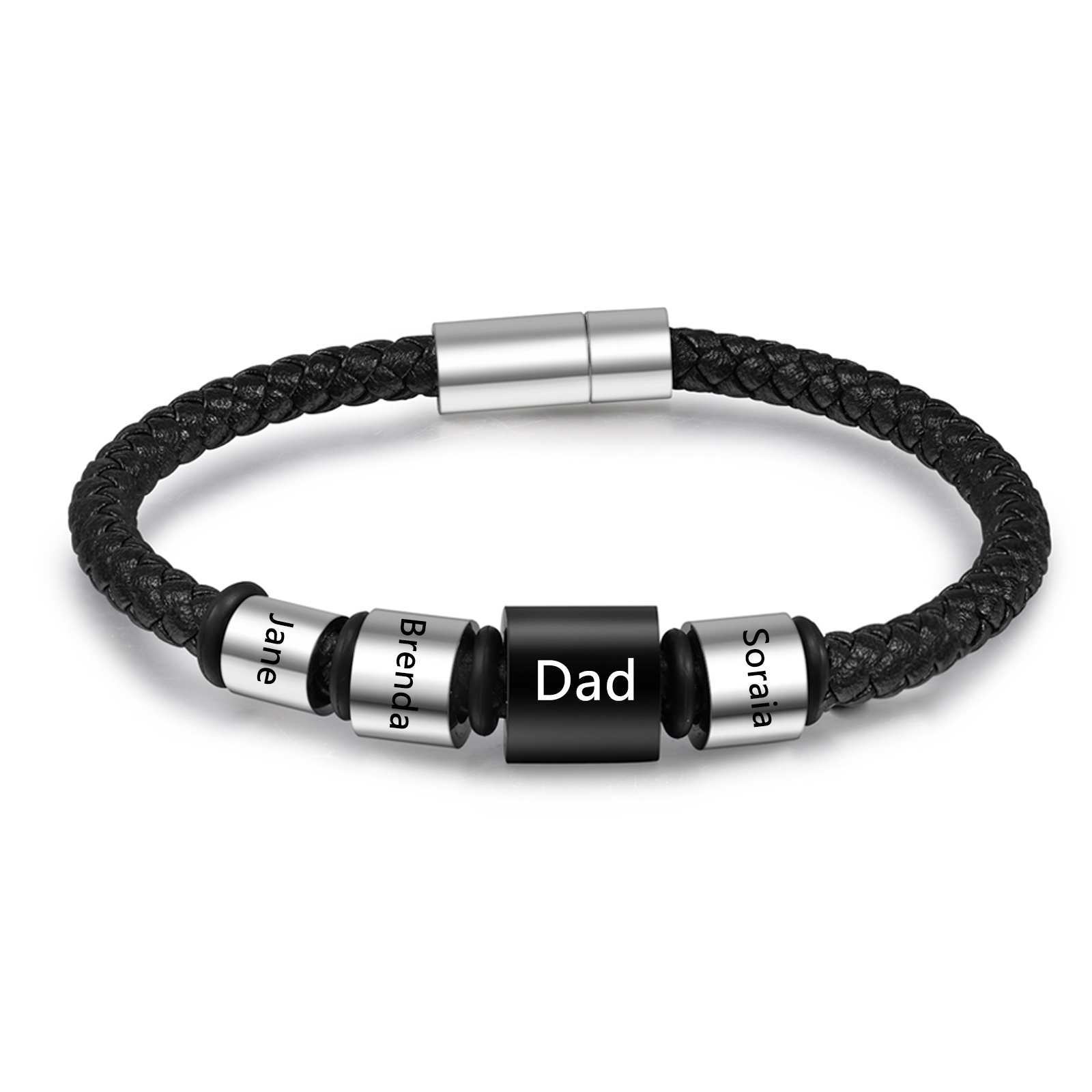 4 Names Personalised Men Leather Bracelet with Custom Name Beads - Gift for Dad | Jessemade