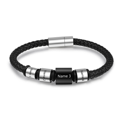 4 Names Personalised Men Leather Bracelet with Custom Name Beads - Gift for Dad | Jessemade