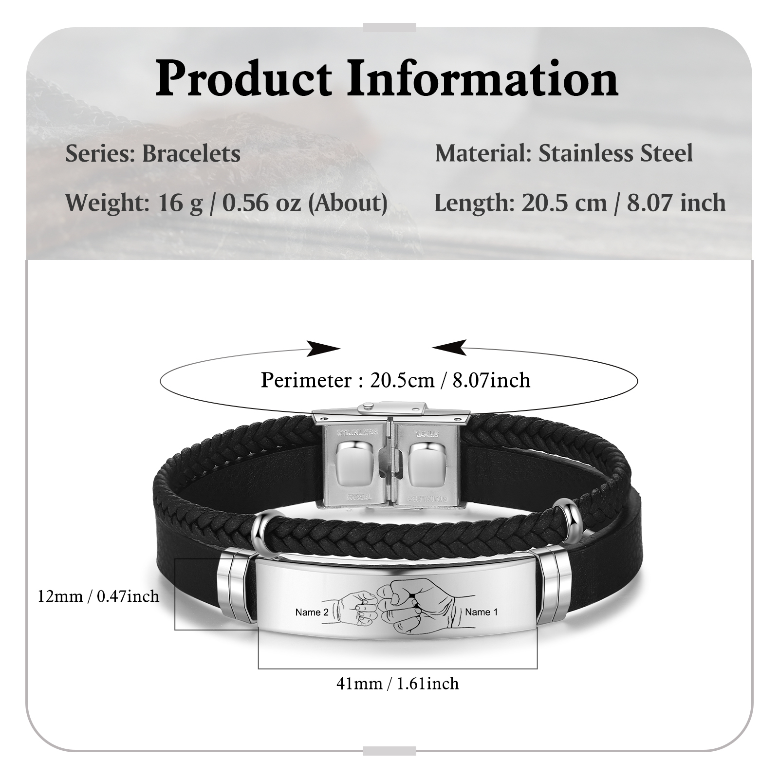 Personalised Father & Child Bracelet – 2 Names Engraved Stainless Steel & Leather Wristband Gift for Dad | Jessemade