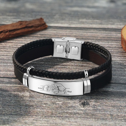 Personalised Father & Child Bracelet – 2 Names Engraved Stainless Steel & Leather Wristband Gift for Dad | Jessemade
