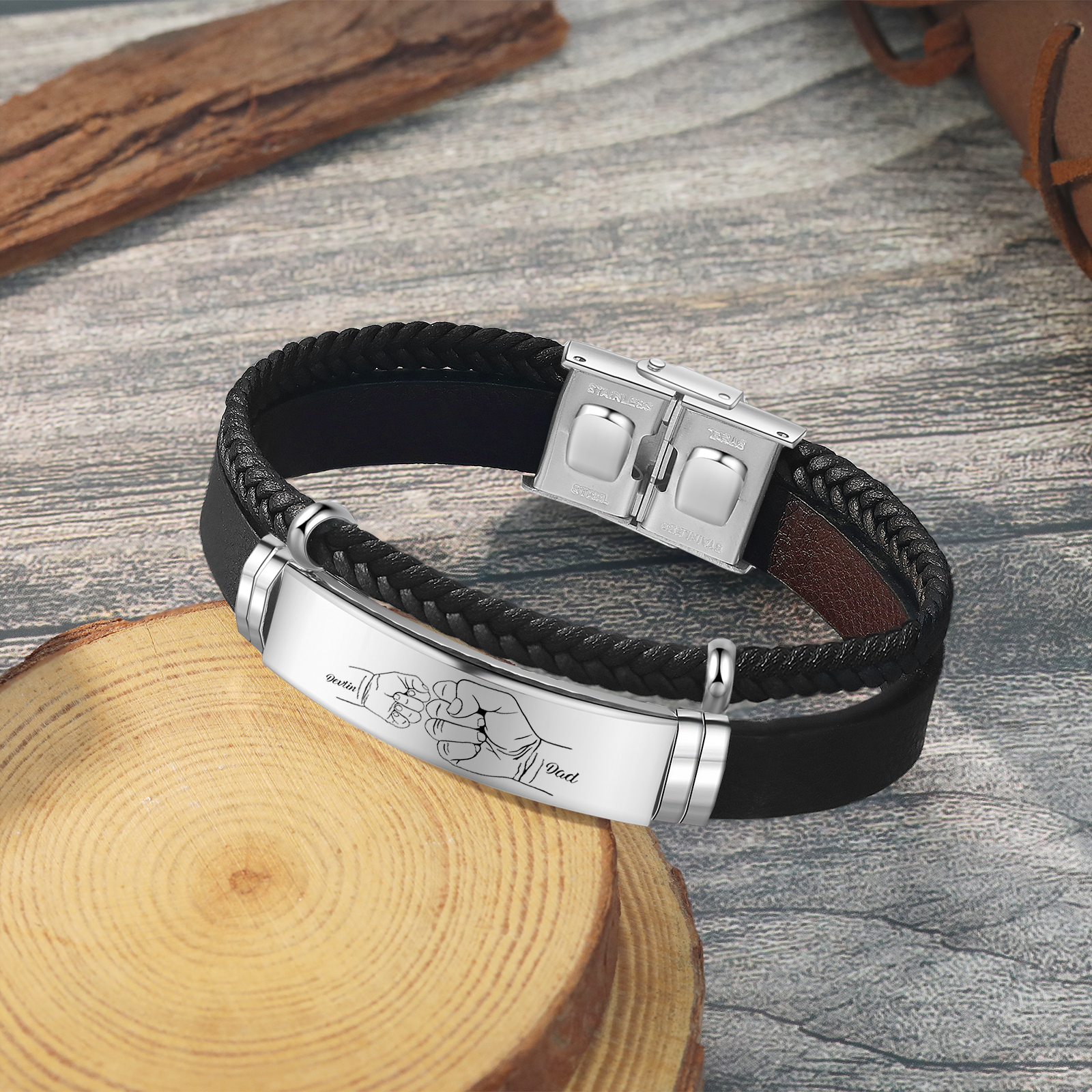 Personalised Father & Child Bracelet – 2 Names Engraved Stainless Steel & Leather Wristband Gift for Dad | Jessemade