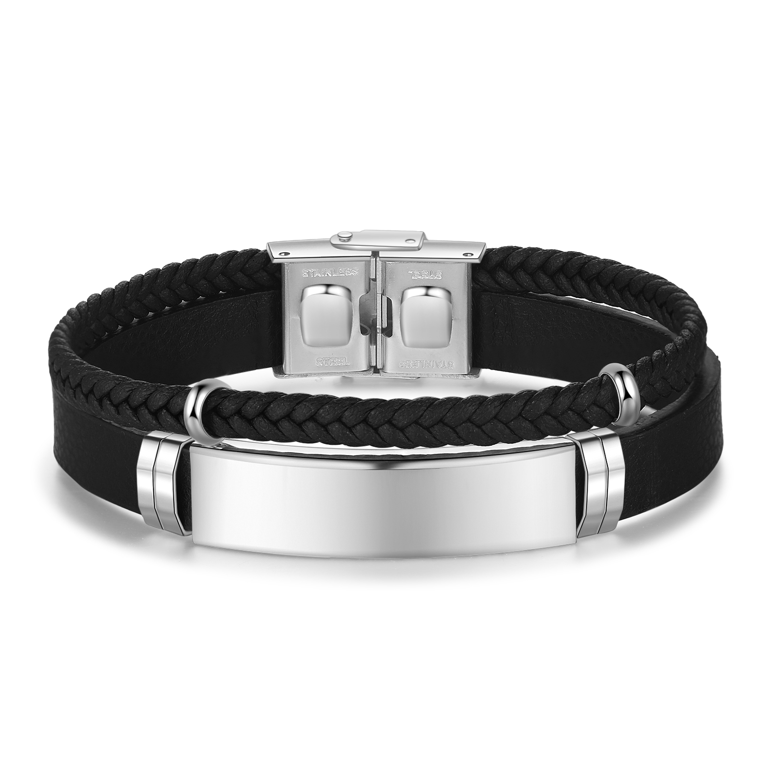 Personalised Father & Child Bracelet – 2 Names Engraved Stainless Steel & Leather Wristband Gift for Dad | Jessemade