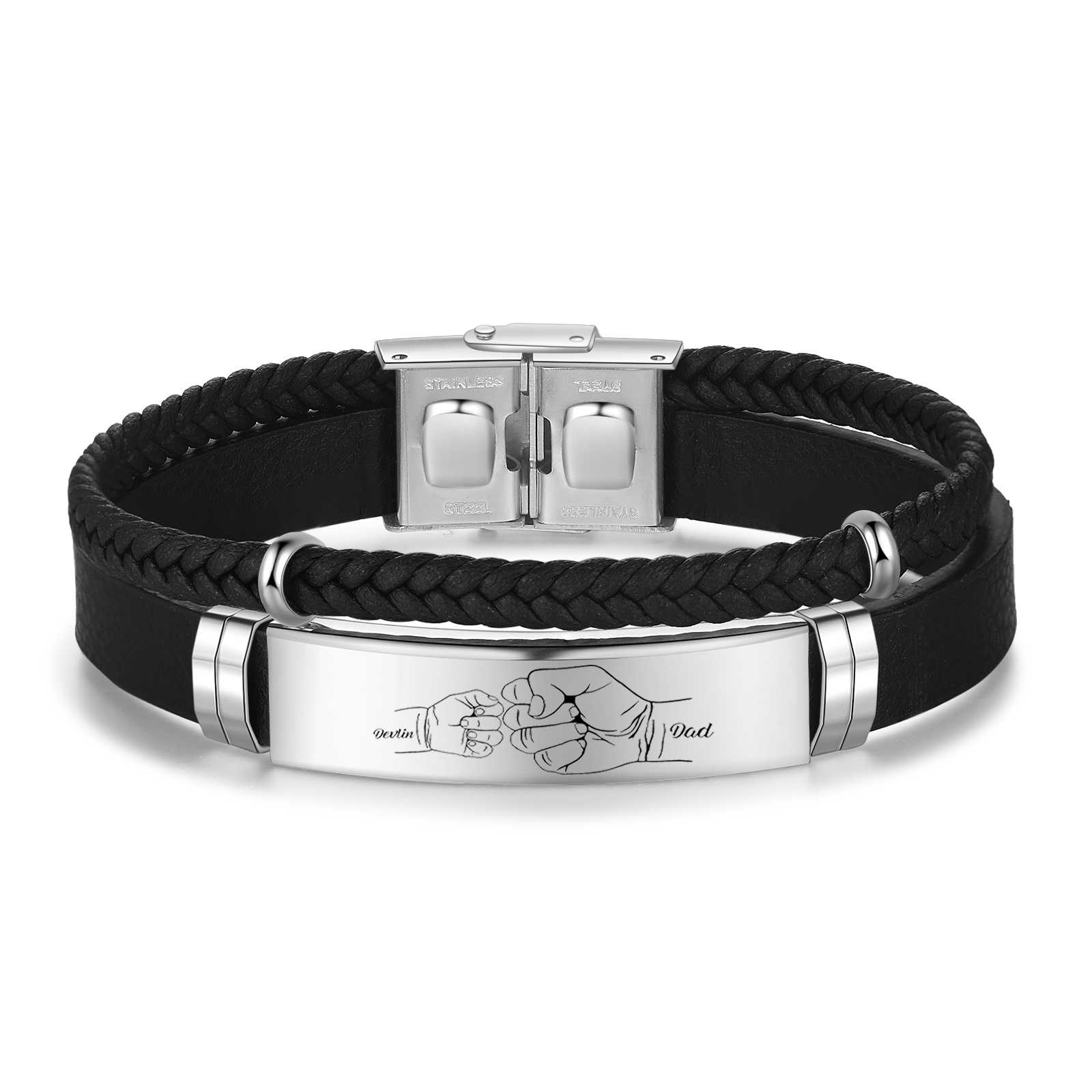 Personalised Father & Child Bracelet – 2 Names Engraved Stainless Steel & Leather Wristband Gift for Dad | Jessemade