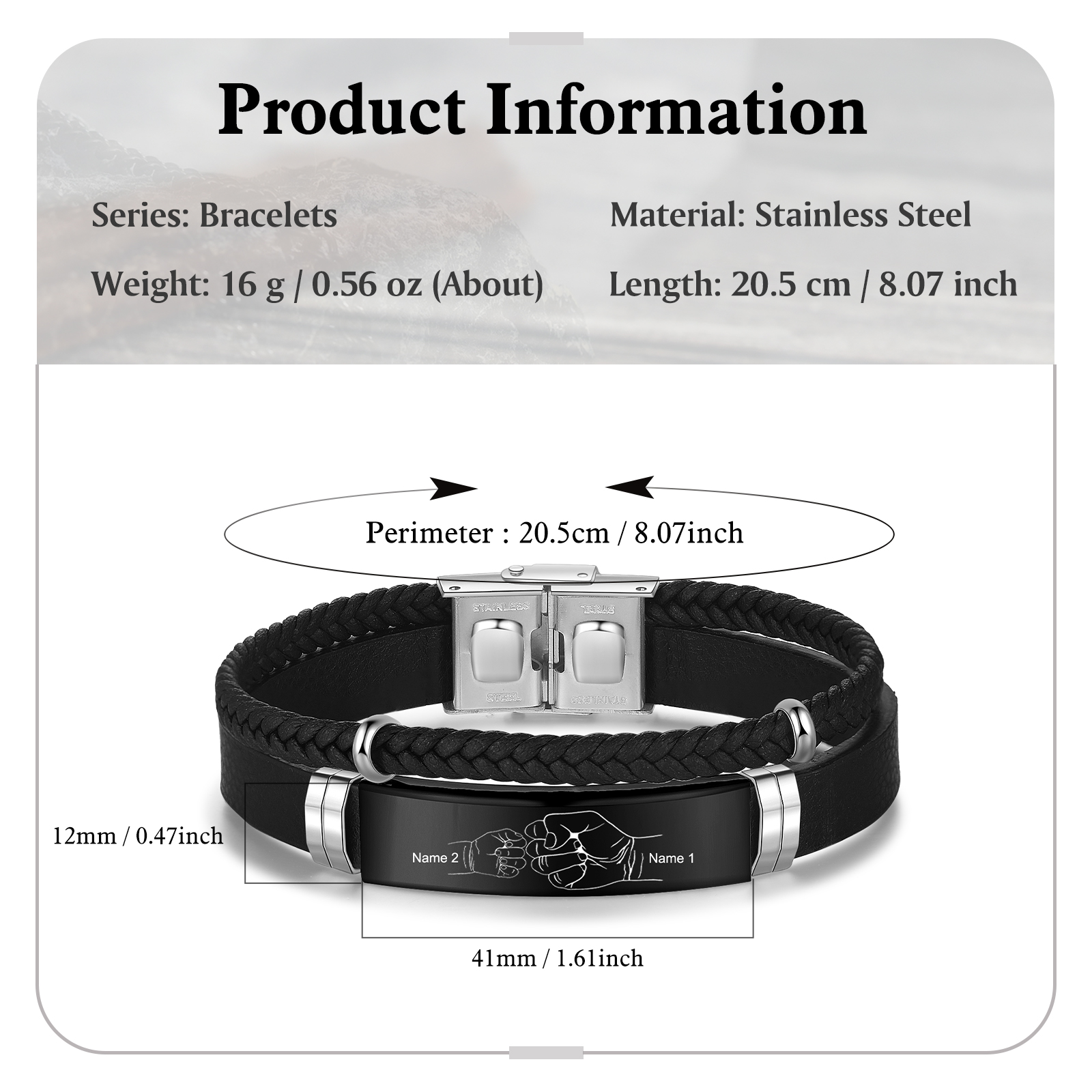 Personalised Father & Child Bracelet – 2 Names Engraved Stainless Steel & Leather Wristband Gift for Dad | Jessemade