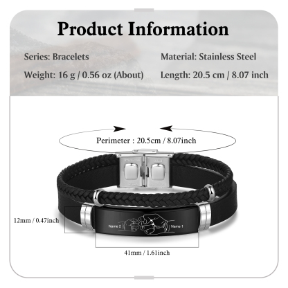 Personalised Father & Child Bracelet – 2 Names Engraved Stainless Steel & Leather Wristband Gift for Dad | Jessemade