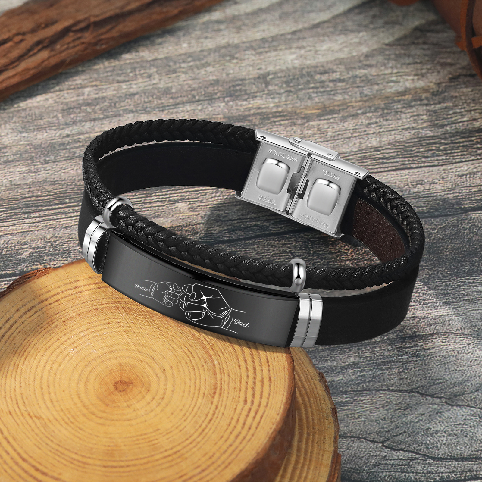 Personalised Father & Child Bracelet – 2 Names Engraved Stainless Steel & Leather Wristband Gift for Dad | Jessemade