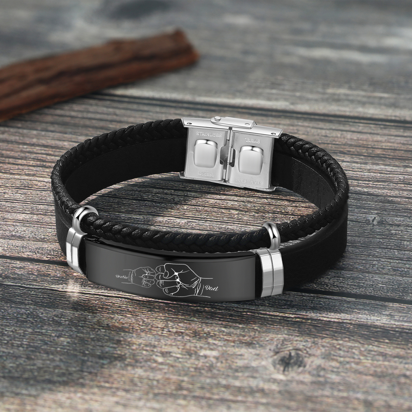 Personalised Father & Child Bracelet – 2 Names Engraved Stainless Steel & Leather Wristband Gift for Dad | Jessemade
