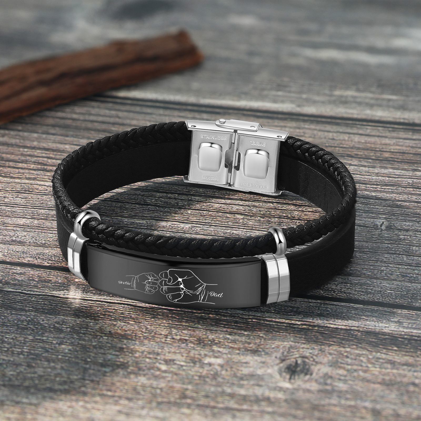 Personalised Father & Child Bracelet – 2 Names Engraved Stainless Steel & Leather Wristband Gift for Dad | Jessemade