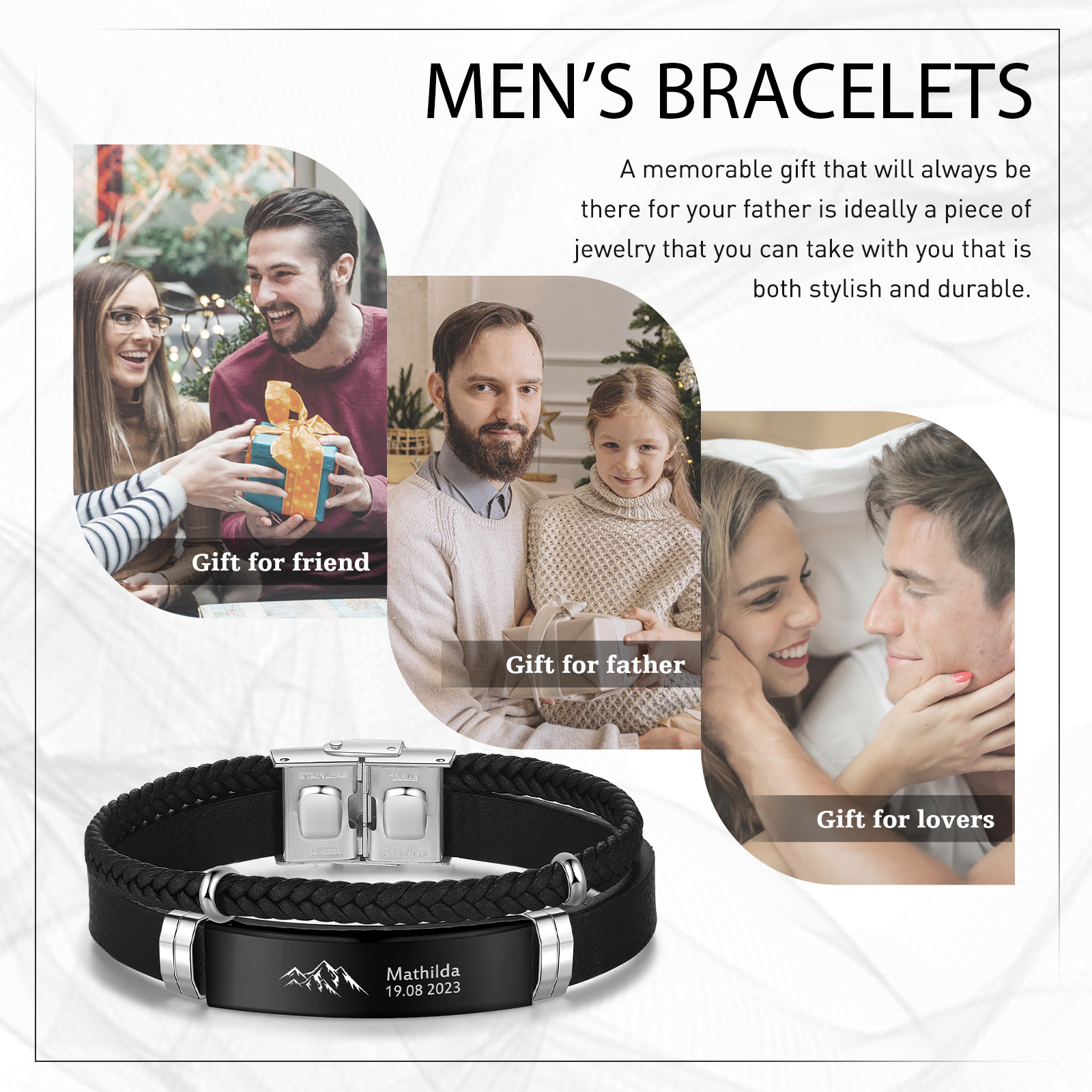 Personalised Men's Bracelet with Name and Date – Engraved Stainless Steel & Leather Wristband Gift for Dad | Jessemade
