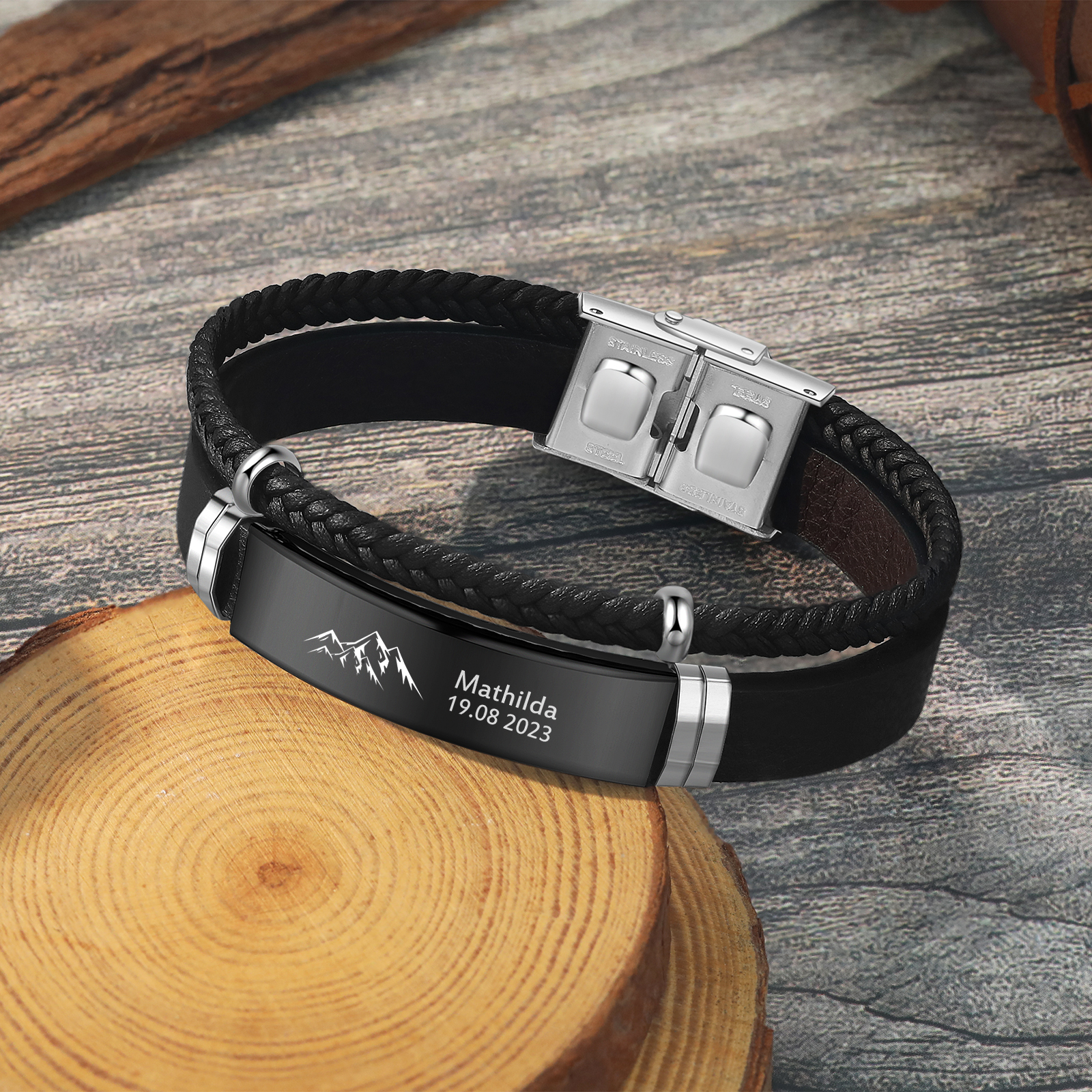 Personalised Men's Bracelet with Name and Date – Engraved Stainless Steel & Leather Wristband Gift for Dad | Jessemade