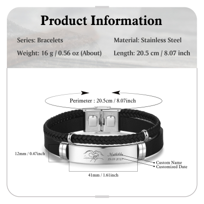 Personalised Men's Bracelet with Name and Date – Heart Hands Design Stainless Steel & Leather Wristband Gift for Dad | Jessemade