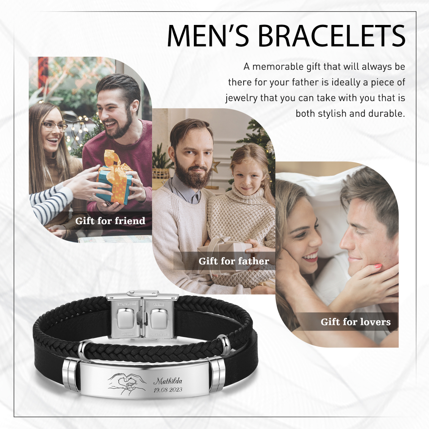 Personalised Men's Bracelet with Name and Date – Heart Hands Design Stainless Steel & Leather Wristband Gift for Dad | Jessemade