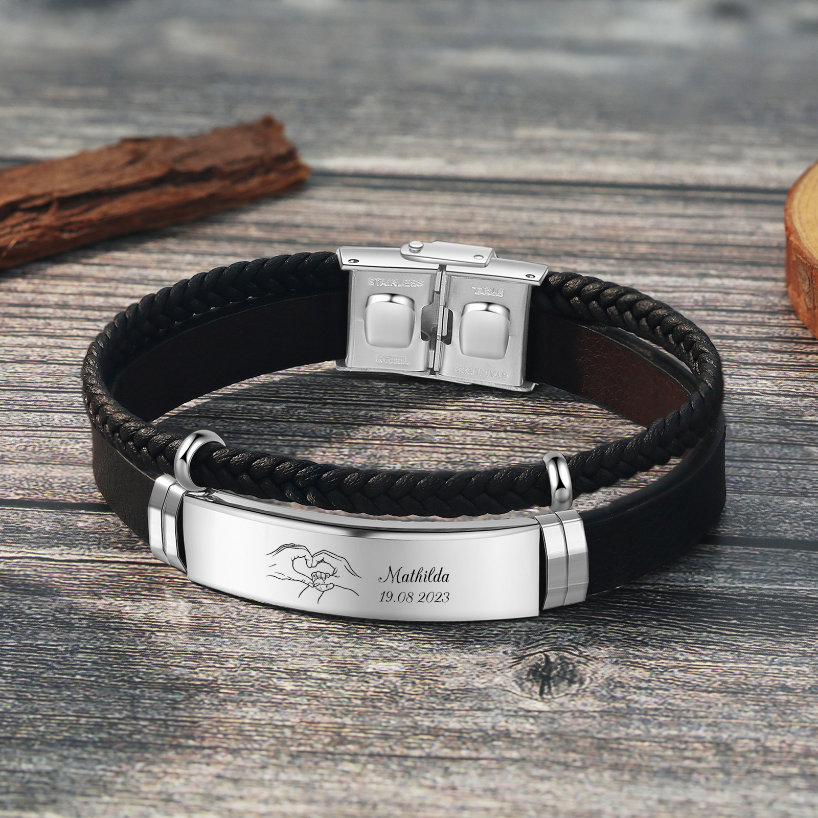 Personalised Men's Bracelet with Name and Date – Heart Hands Design Stainless Steel & Leather Wristband Gift for Dad | Jessemade