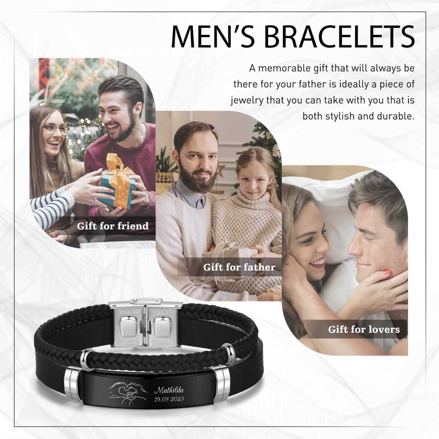 Personalised Men's Bracelet with Name and Date – Heart Hands Design Stainless Steel & Leather Wristband Gift for Dad | Jessemade