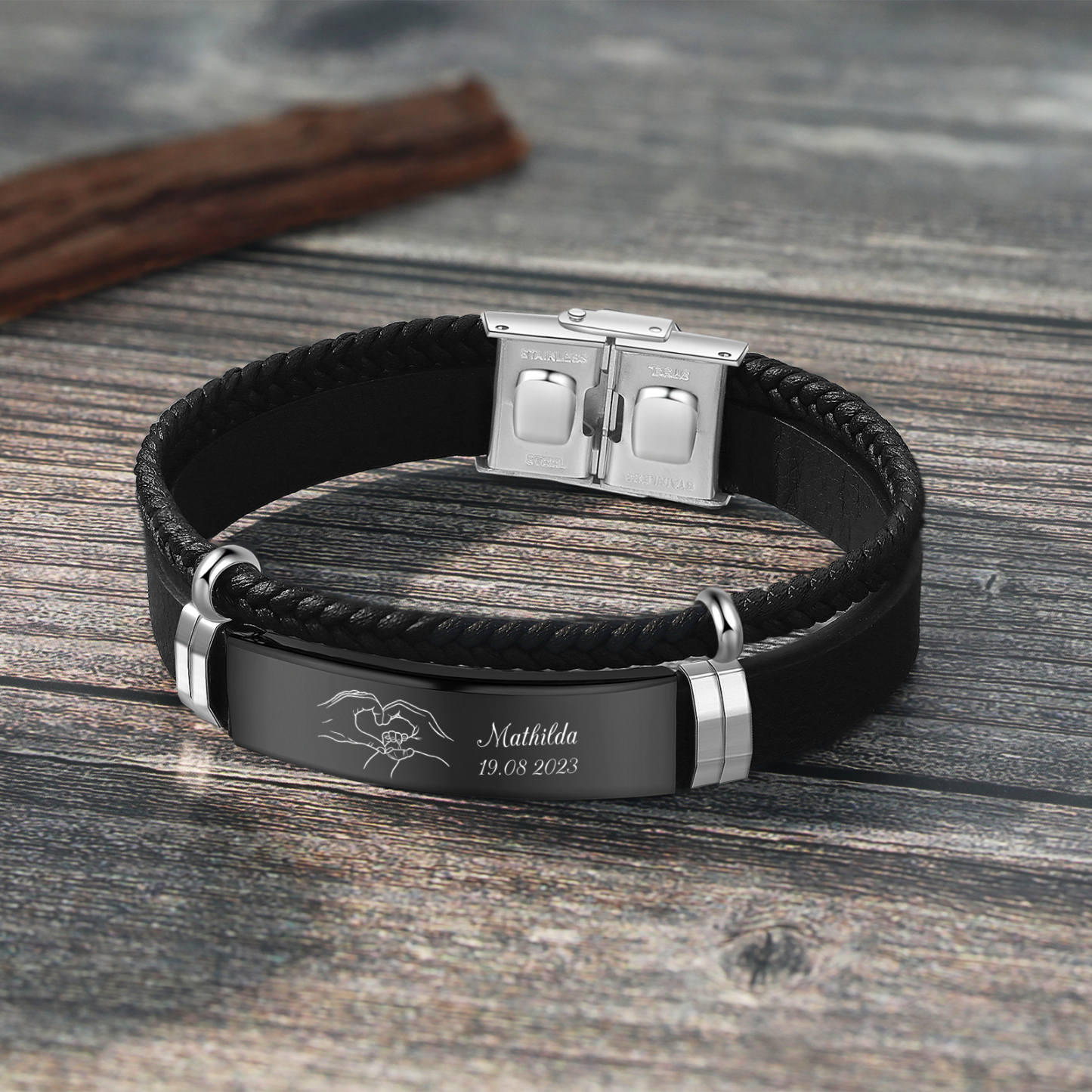 Personalised Men's Bracelet with Name and Date – Heart Hands Design Stainless Steel & Leather Wristband Gift for Dad | Jessemade