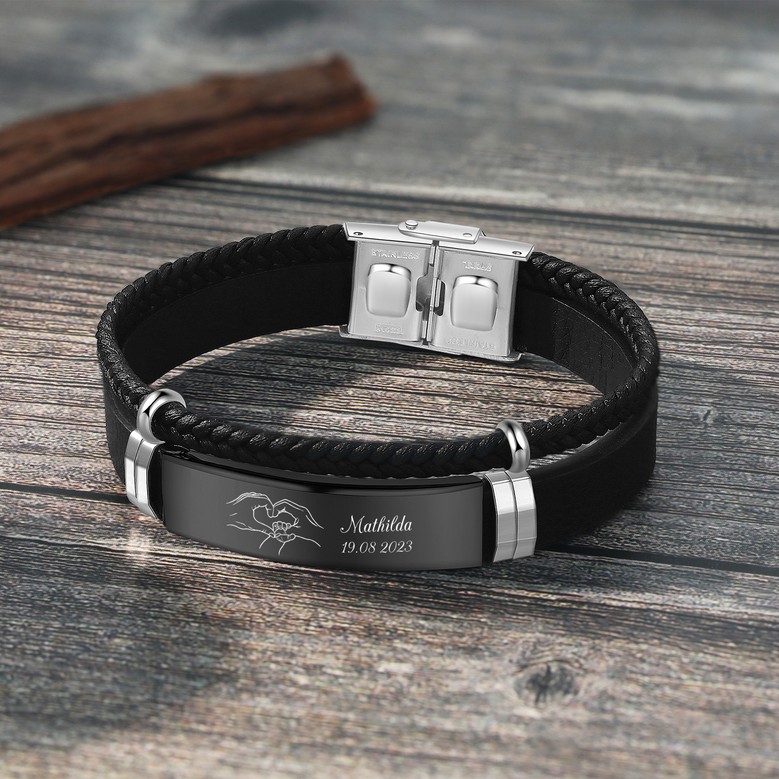 Personalised Men's Bracelet with Name and Date – Heart Hands Design Stainless Steel & Leather Wristband Gift for Dad | Jessemade