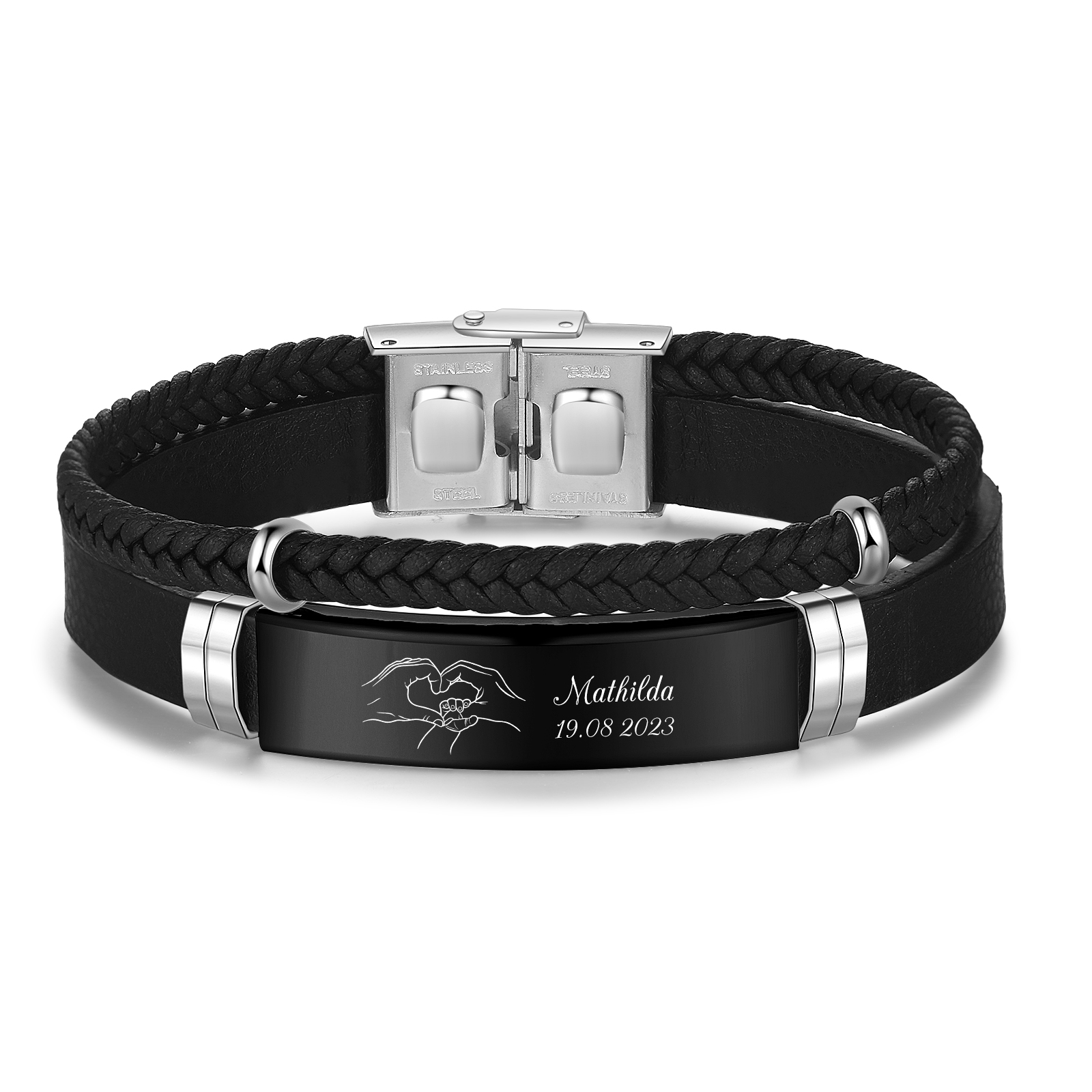 Personalised Men's Bracelet with Name and Date – Heart Hands Design Stainless Steel & Leather Wristband Gift for Dad | Jessemade