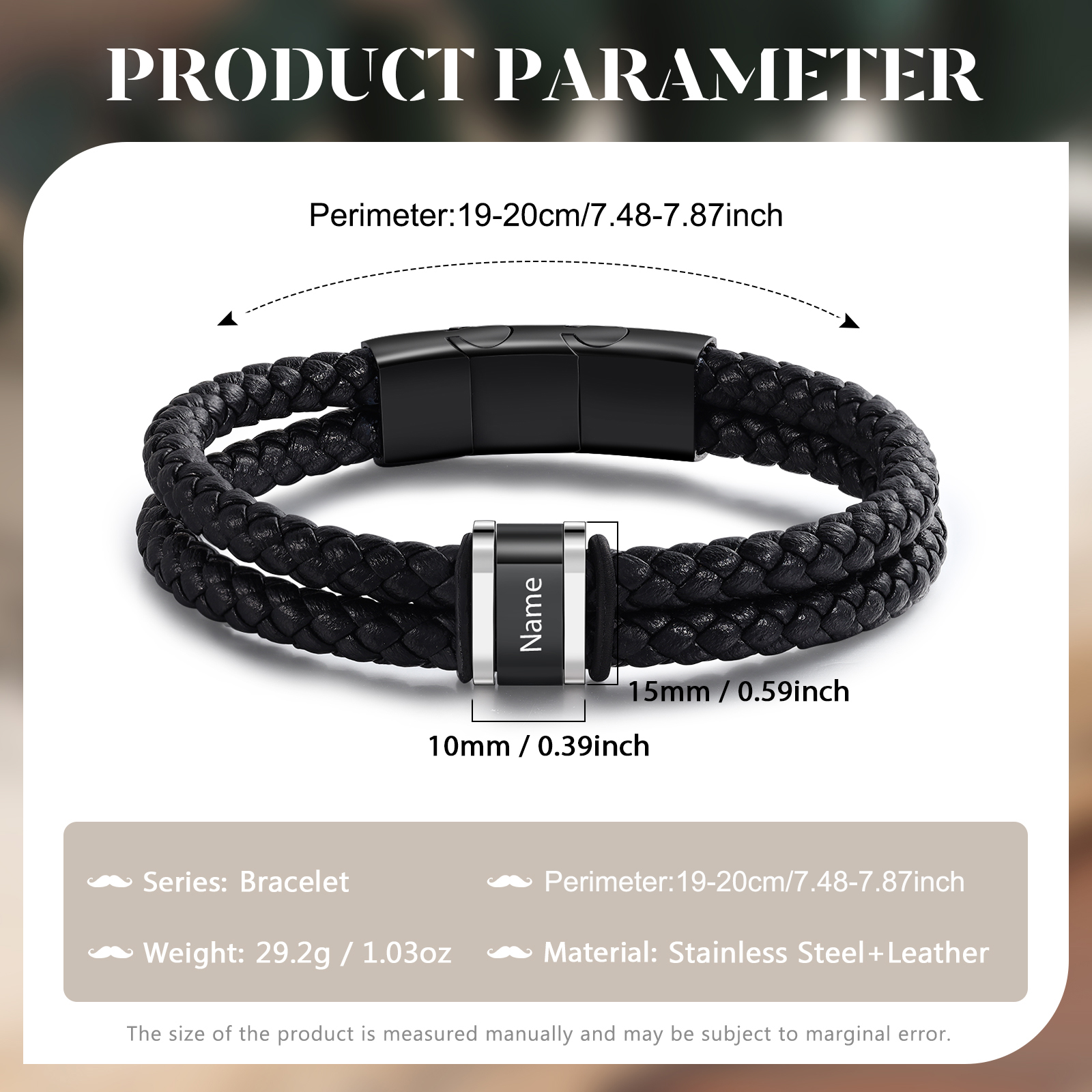 1 Name - Men's Leather Bracelet Custom Names Beaded Bracelet Adjustable Personalised Gift for Him-Jessemade AU