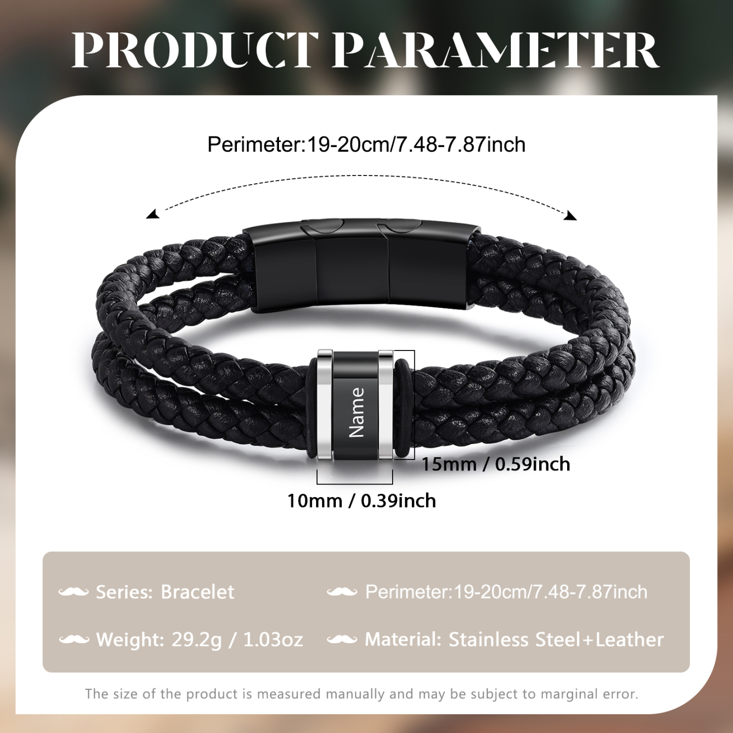 1 Name - Men's Leather Bracelet Custom Names Beaded Bracelet Adjustable Personalised Gift for Him-Jessemade AU