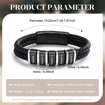 5 Names - Men's Leather Bracelet Custom Names Beaded Bracelet Adjustable Personalised Gift for Him-Jessemade AU