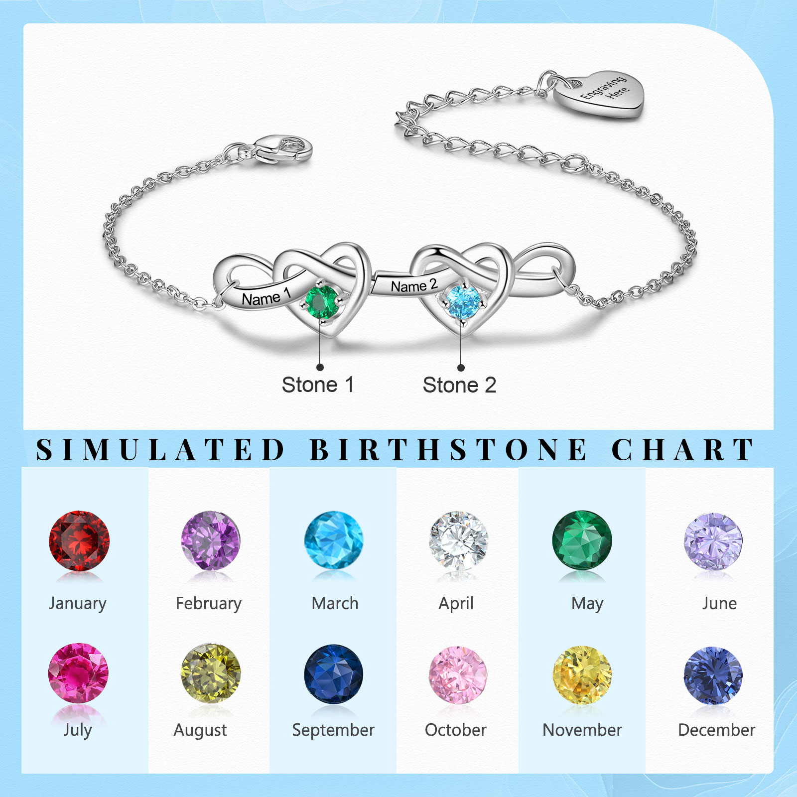 2 Names - Personalised Linked Heart Bracelet Custom Names & Birthstones & Text Bracelets Birthday Gift For Her