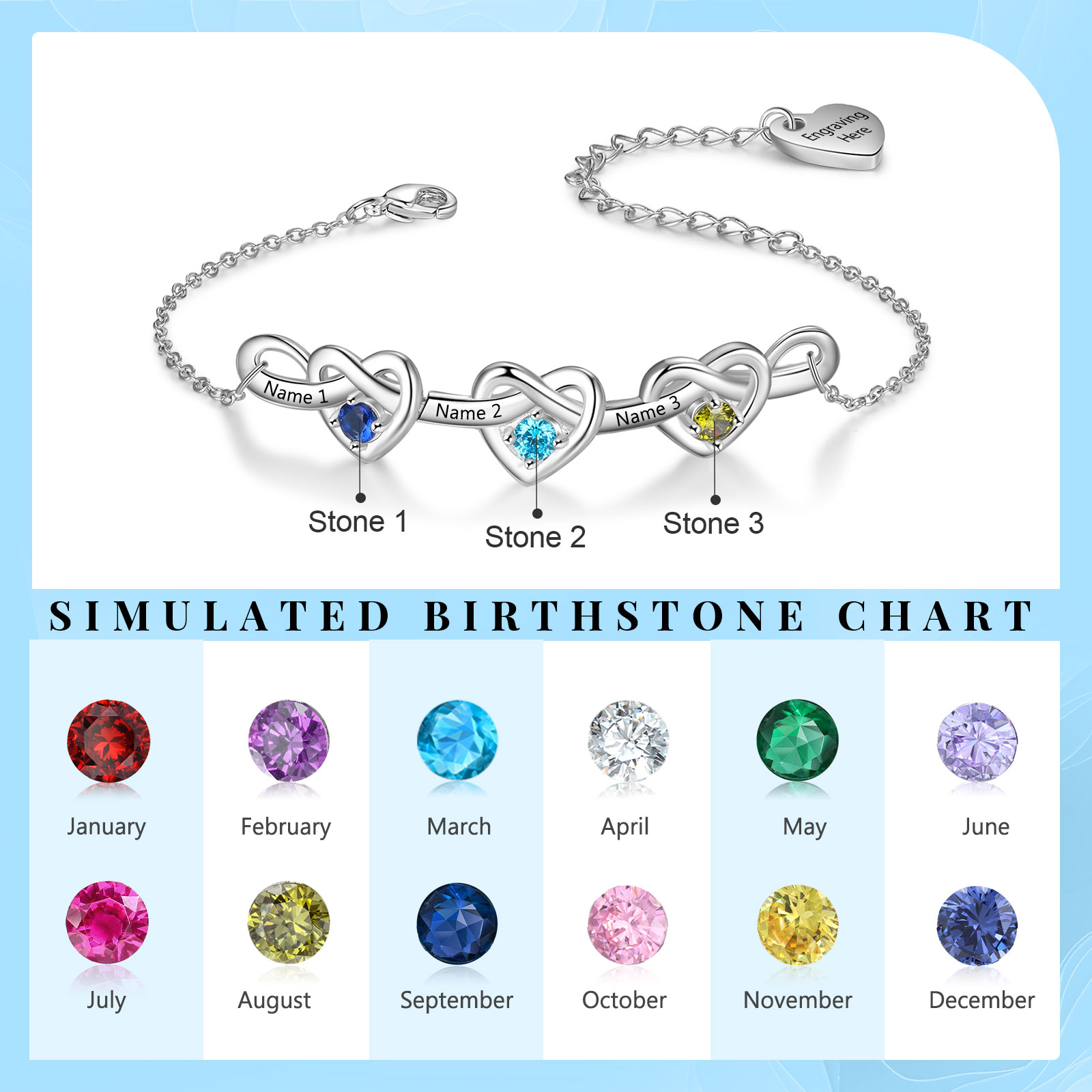 3 Names - Personalised Linked Heart Bracelet Custom Names & Birthstones & Text Bracelets Birthday Gift For Her