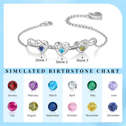 3 Names - Personalised Linked Heart Bracelet Custom 3 Birthstones Engraved Text Bracelets-Jessemade AU