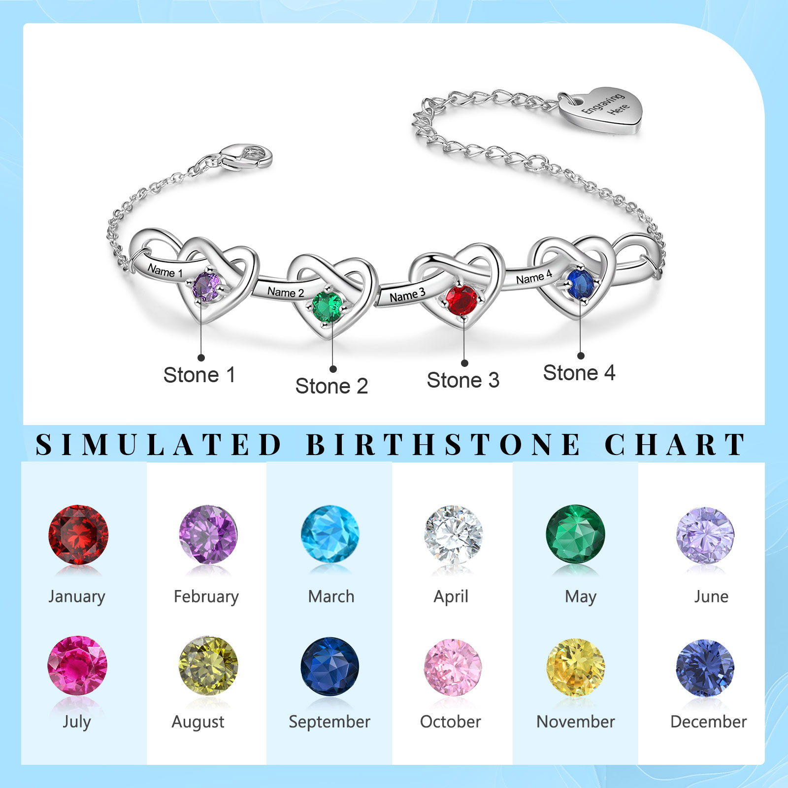 4 Names - Personalised Linked Heart Bracelet Custom 4 Birthstones Engraved Text Bracelets-Jessemade AU