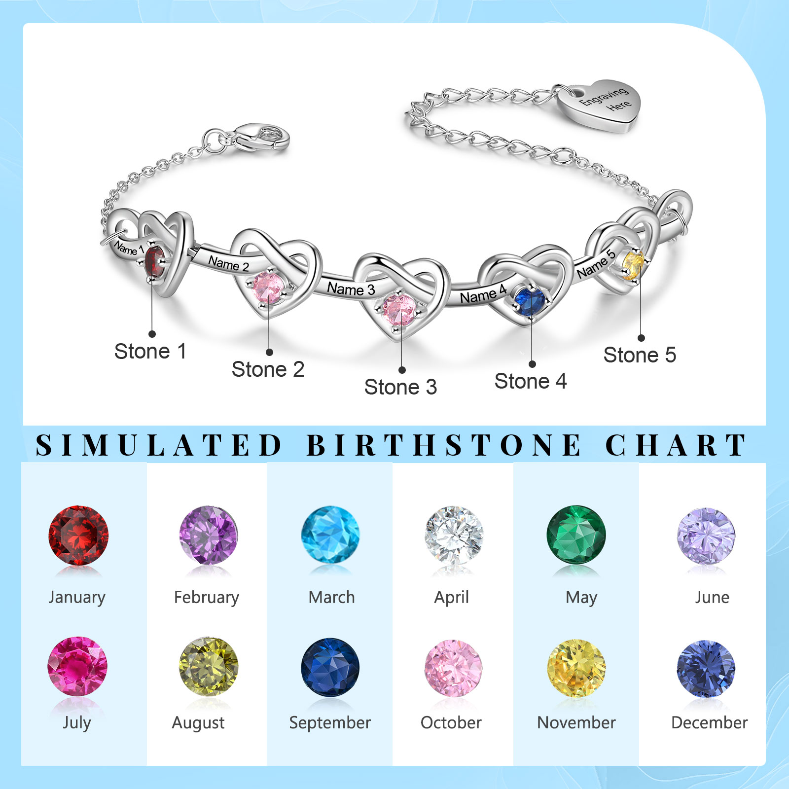 5 Names - Personalised Linked Heart Bracelet Custom Names & Birthstones & Text Bracelets Birthday Gift For Her