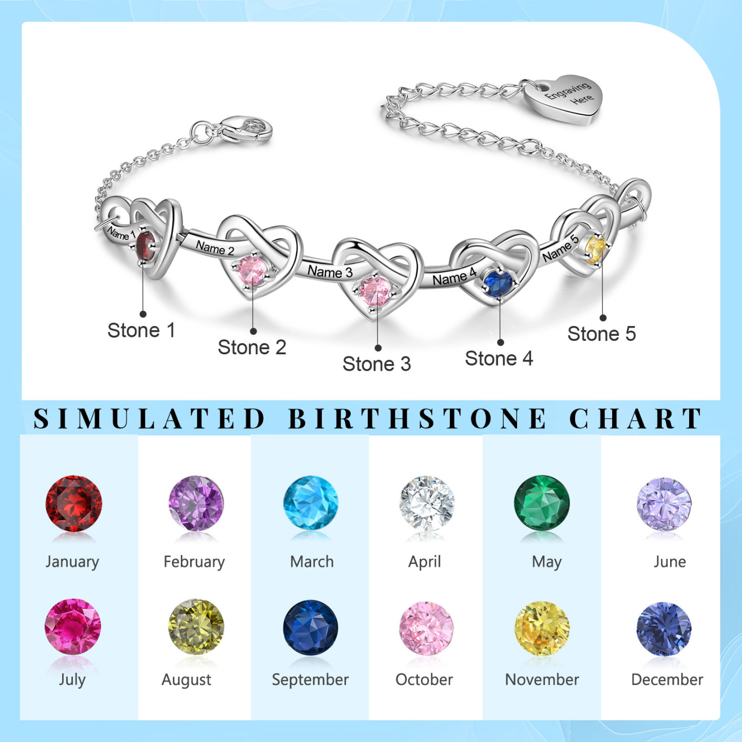 5 Names - Personalised Linked Heart Bracelet Custom Names & Birthstones & Text Bracelets Birthday Gift For Her-Jessemade AU